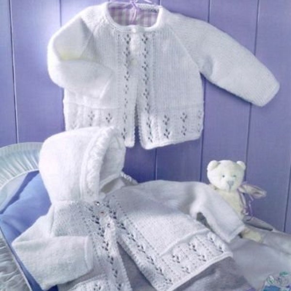 Vintage Lacy Eyelet Baby Matinee Coats Hood Raglan 16"- 22" DK Knitting Pattern