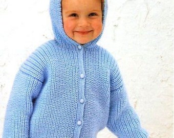 May include: A light blue knitted cardigan with a hood for a baby or toddler. The cardigan has a button closure and is made with a soft, textured yarn.