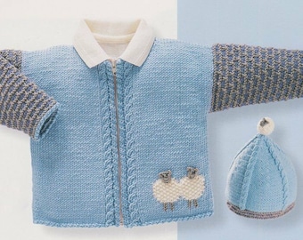 Baby Sheep Sweater Jacket Scarf & Hat 0 - 2 years DK Knitting Pattern