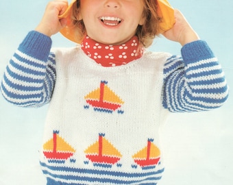 May include: A white knitted sweater with blue and white striped sleeves and three red, yellow, and white sailboats on the front. The sweater has a red and white polka dot collar.