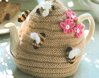 Beehive Tea Cozy ~ Abejas y Flores ~ DK Wool PDF patrón de punto de descarga instantánea