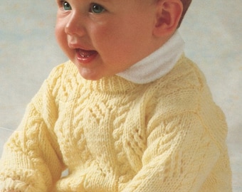 Lindo pequeño cable y ojal bebé suéter 16" - 22" DK PDF descarga instantánea patrón de punto Easy Knit