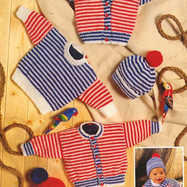 Baby Stripe Nautical Cardigan Sweater & Hat 14" - 20" DK Knitting Pattern