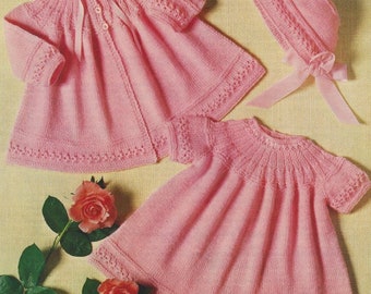 Pretty Yoked Baby Dress Jacket & Bonnet 18 - 20" 4 Ply PDF patrón de punto de descarga instantánea