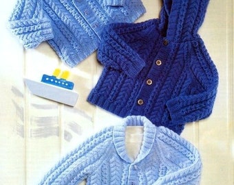 Baby Cable Jackets V/Shawl Neck and Hooded 16" - 26" DK Knitting Pattern