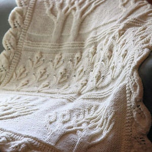 Heirloom Aran Twin Trees Pattern Baby Blanket with Leafy Edge Knitting Pattern