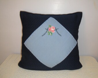 20 x 20 pillow in blue wool fabric and applique/embroidered accent handkerchief