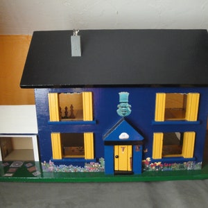 Exquisite five room dollhouse with garden shed; detail painted and decoupaged complete with furniture, accessories and finishing touches