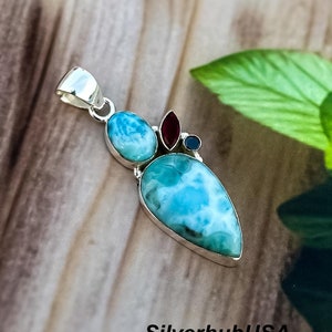 Larimar Pendant 925 Sterling Silver Pendant Larimar Gemstone Pendant Necklace Handmade Pendant Larimar Jewelry Garnet Pendant Gift For Her