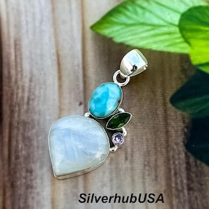 Moonstone Gemstone Pendant Pendant 925 Sterling Silver Pendant Larimar Pendant Jewelry Designer Pendant Antique Gemstone Pendant For Gift