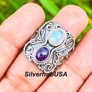Moonstone Amethyst Antique Ring: 925 Sterling Silver Band