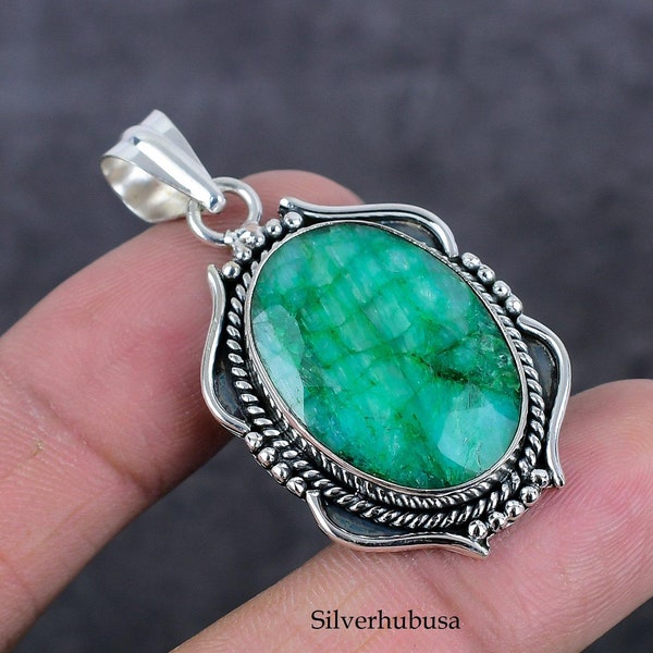Handmade Emerald Pendant: 925 Sterling Silver Antique Jewelry
