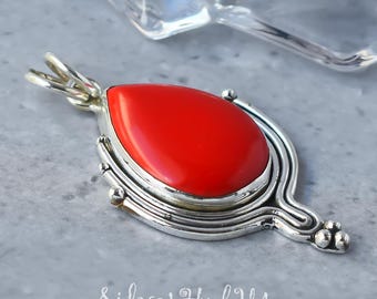 Italian Red Coral Pendant Necklace: Handmade Sterling Silver Boho Jewelry