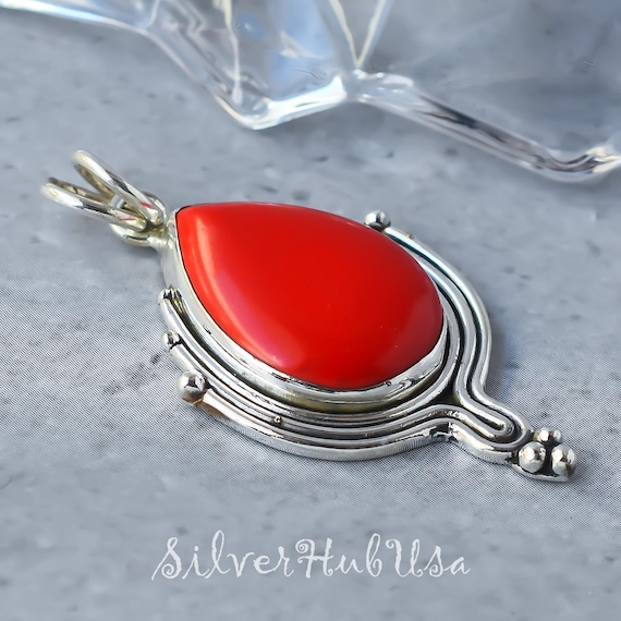 Italian Red Coral Pendant Necklace: Handmade Sterling Silver Boho Jewelry