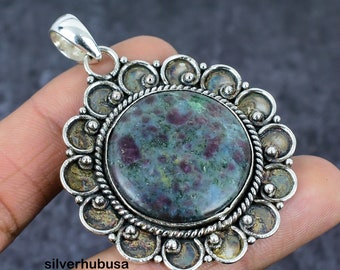Handmade Ruby in Zoisite Pendant: Sterling Silver Bohemian Necklace
