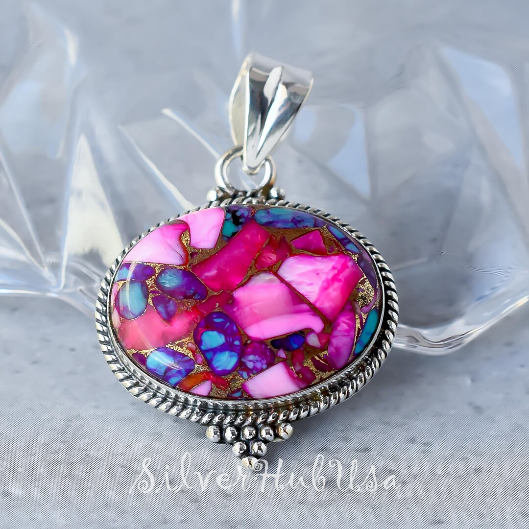 Handmade 925 Sterling Silver Pendant – Pink Dahlia Turquoise & Spiny Oyster Gemstone, Natural Pear-Shape, Gift-Wrapped