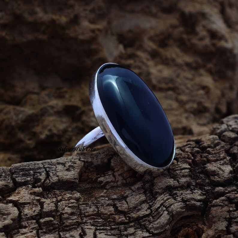 Black Stone Ring Wide Ring Promise Ring Worry Ring Black Onyx Ring Yoga Ring Gift For Her Meditation Ring 925 Sterling Silver Ring