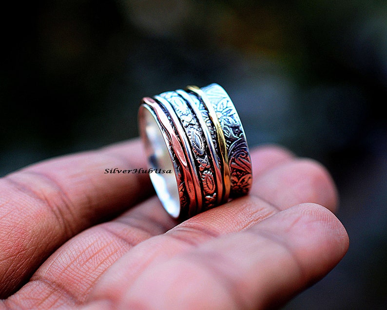 925 Sterling Silver Band /& Amethyst Spinner Ring Handmade Ring Size VI-359 T