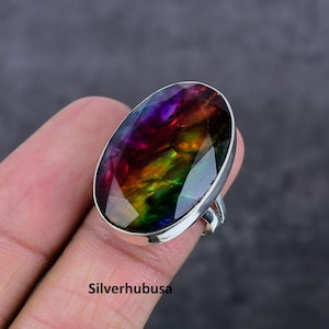 Ammolite Ring: Natural Gemstone Sterling Silver Adjustable Ring