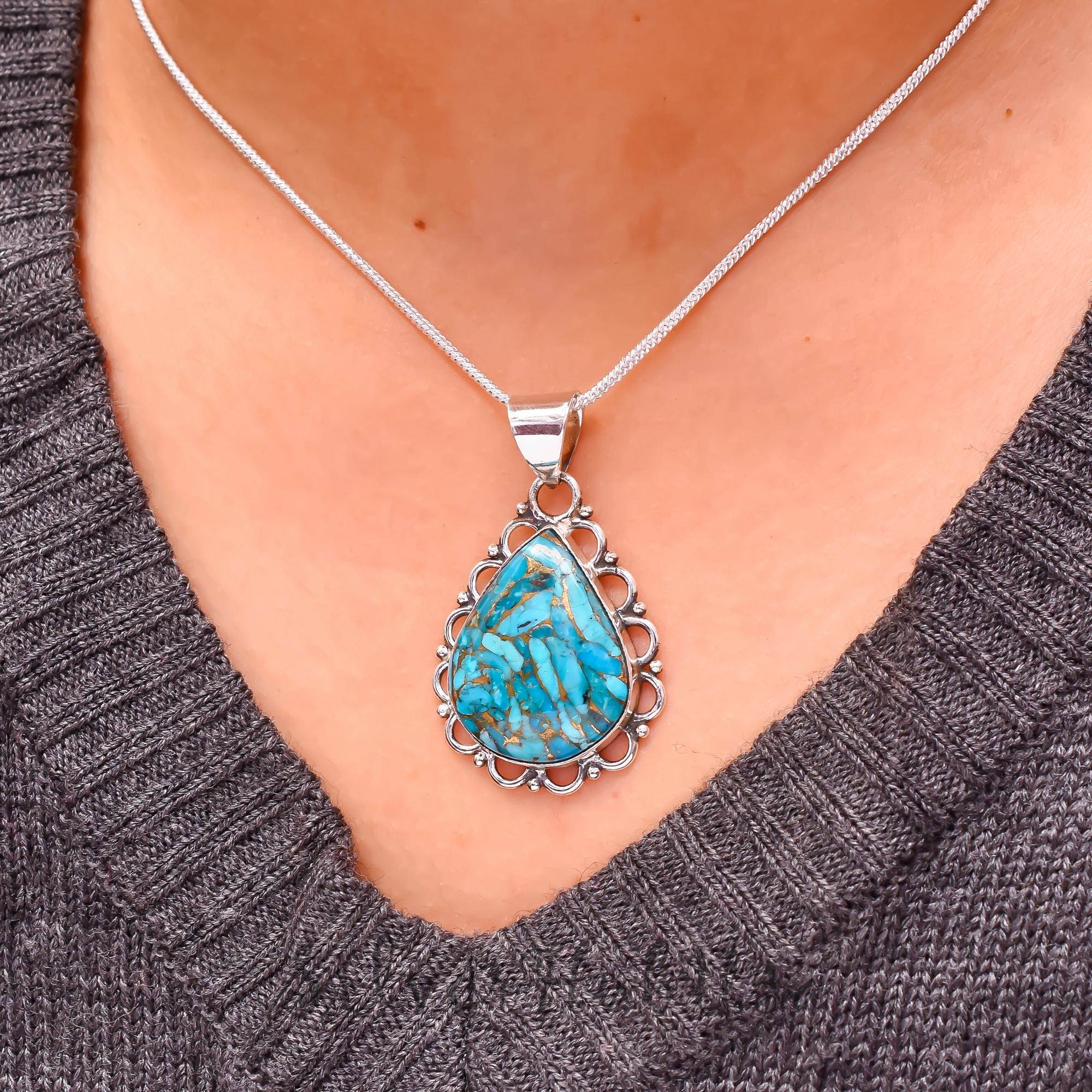 Blue Copper Turquoise Pendant: Handmade 925 Sterling Silver