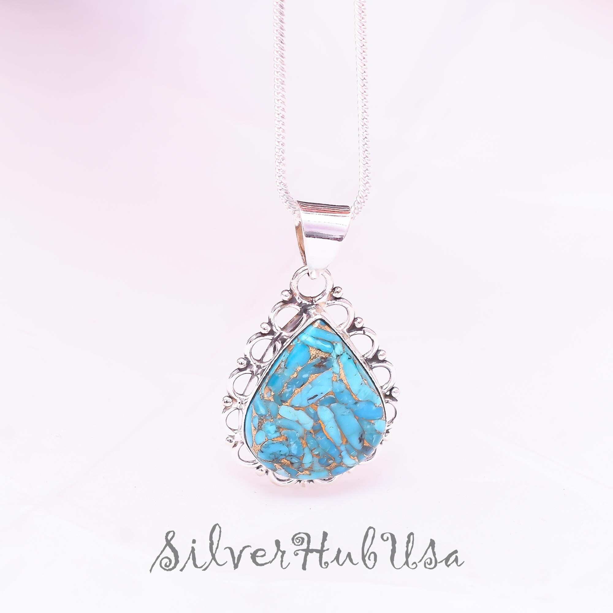 Blue Copper Turquoise Pendant: Handmade 925 Sterling Silver