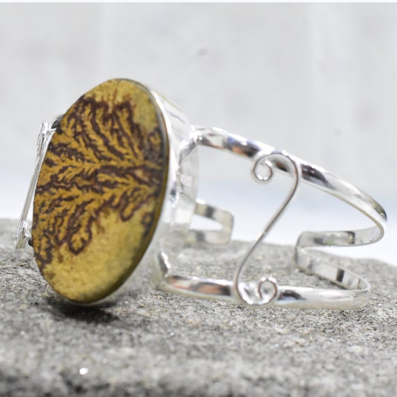 Bracelet Manchette Ajustable En Argent 925 - Serti D'opale Dendritique Naturelle - Fait Main En Inde