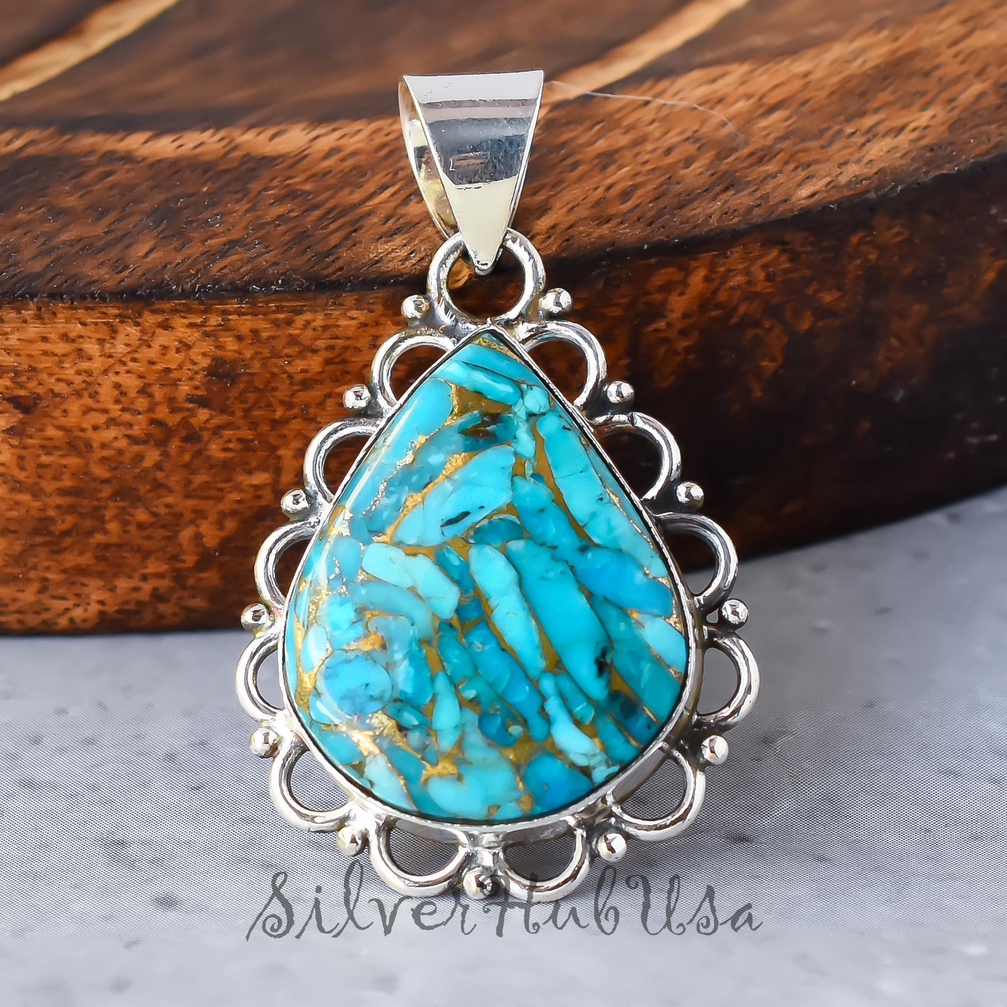 Blue Copper Turquoise Pendant: Handmade 925 Sterling Silver
