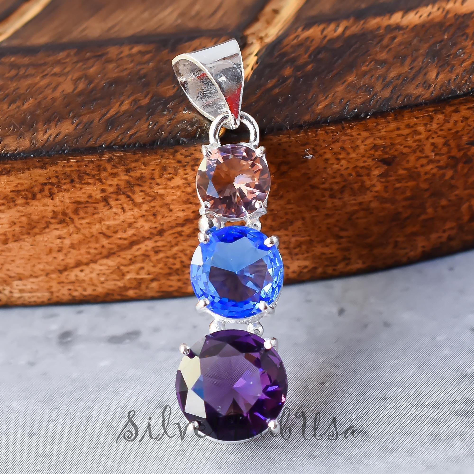 Collier Ancien En Argent Massif Avec Améthyste Et Topaze Bleue/mystique - Sautoir - Occasion