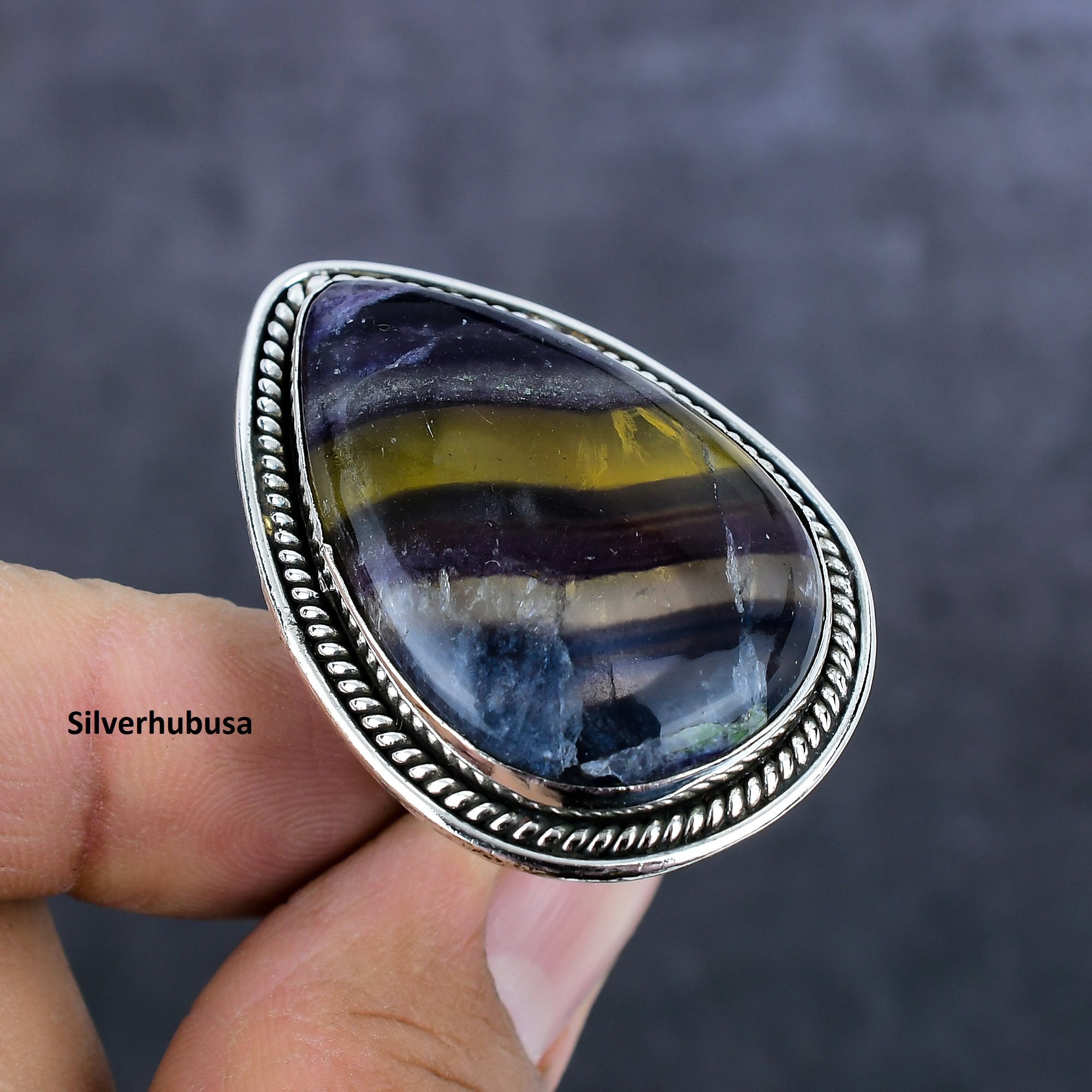 Bague Imposante En Fluorite Naturelle Et Argent 925 - Neuf Sans Emballage, Bijou Pierre Fine