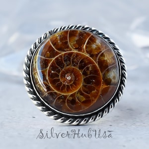 Ammonite Fossil Ring Handmade Natural Gemstone Jewelry Boho Statement Ring Unique Gift For Women Adjustable Fossil  Handmade Jewelry