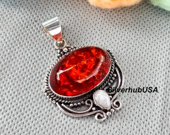 Baltic Amber and Moonstone Pendant, Sterling Silver Handmade Jewelry