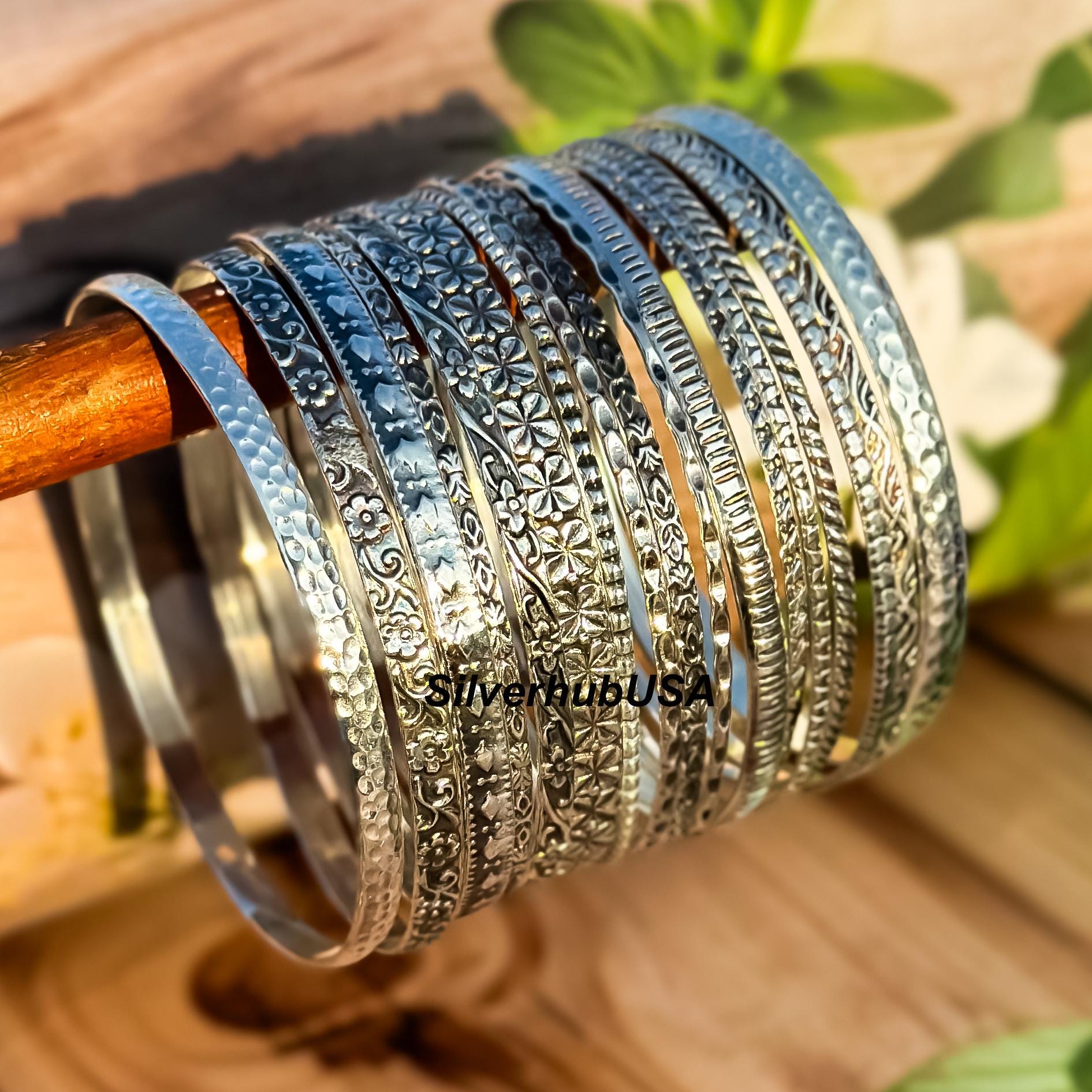 Handmade 925 Sterling Silver Bangle: Floral Hammered Bracelet - Etsy