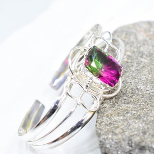 Natural Bio Color  Watermelon Tourmaline Cuff, Sterling Silver Cuff, Dainty Cuff, Gemstone Cuff, Woman Cuff, Beautiful Multicolor Cuff