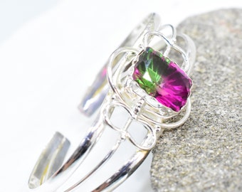 Watermelon Tourmaline Cuff: Natural Bio Color Sterling Silver Gemstone Cuff