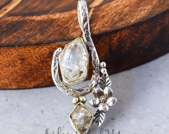 Herkimer Diamond Pendant: Raw Quartz, Sterling Silver Floral Necklace