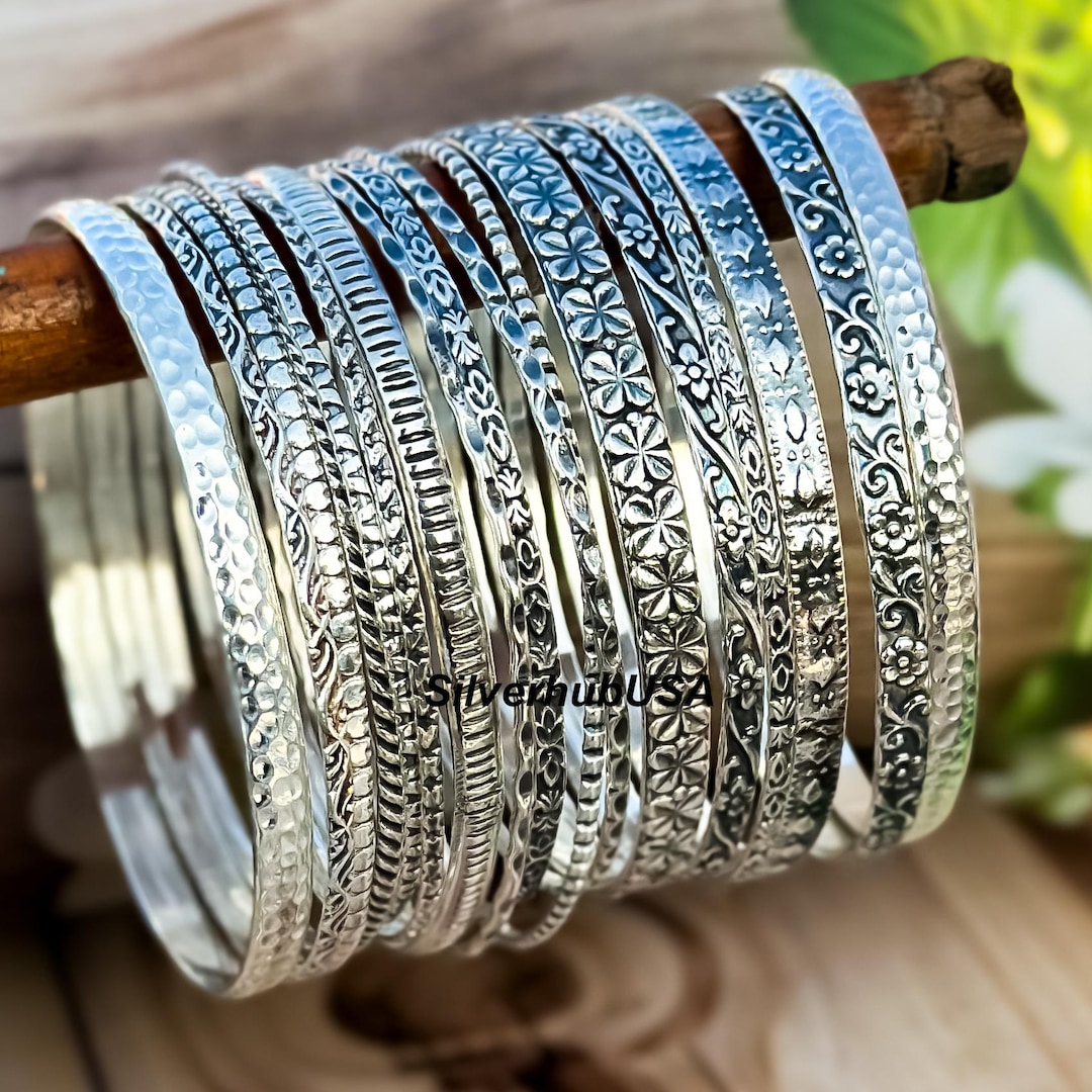 Handmade 925 Sterling Silver Bangle: Floral Hammered Bracelet - Etsy