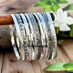 Handmade Sterling Silver Floral Bangle: Hammered Designer Bracelet