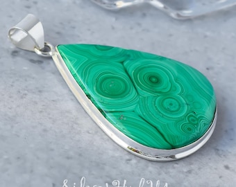Handmade Malachite Pendant Necklace: Sterling Silver Boho Jewelry