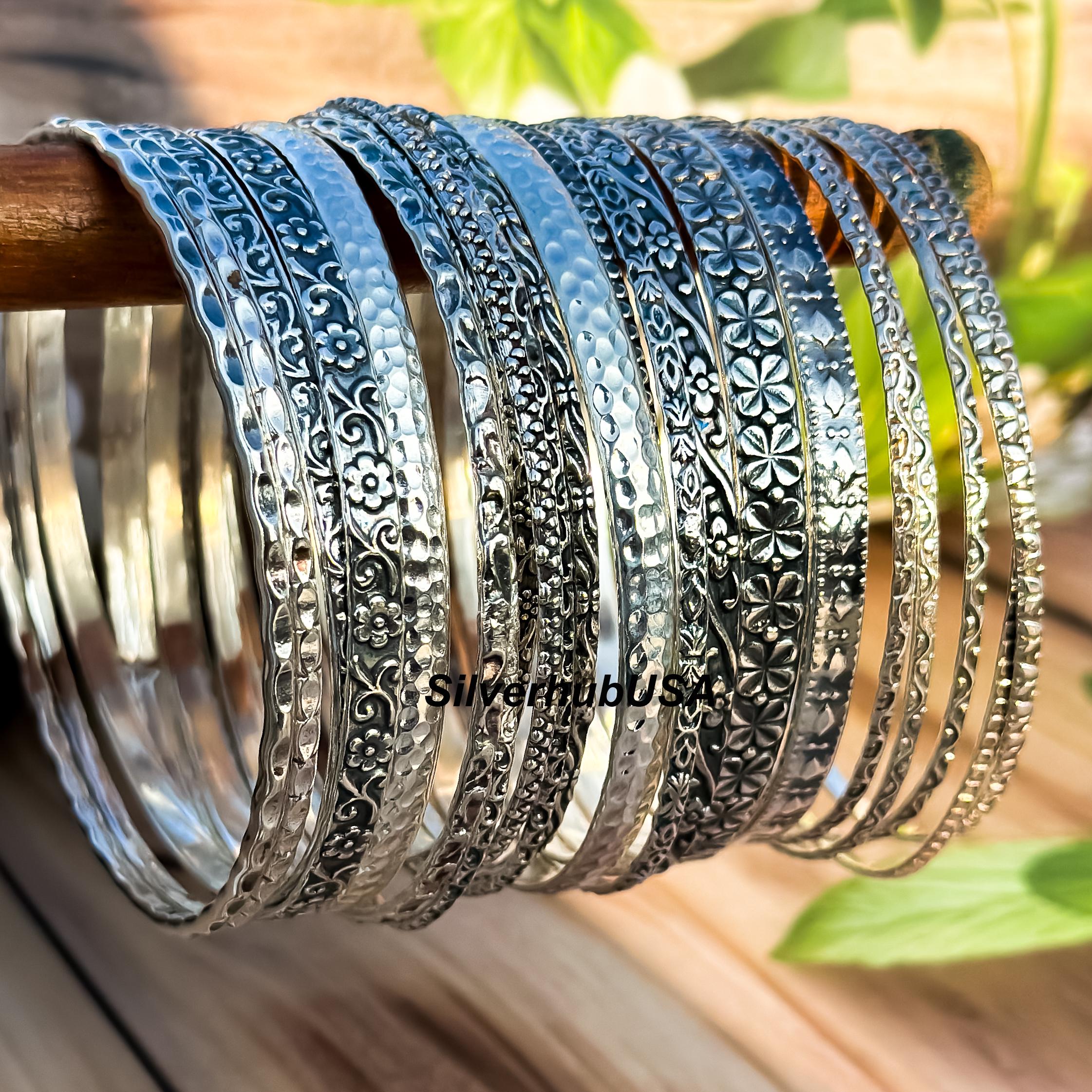 Handmade 925 Sterling Silver Bangle: Floral Hammered Bracelet - Etsy
