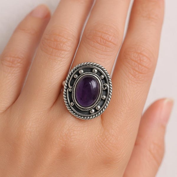 Amethyst 925 Sterling Silver Handmade Ring: Boho Silve Gemstone Ring