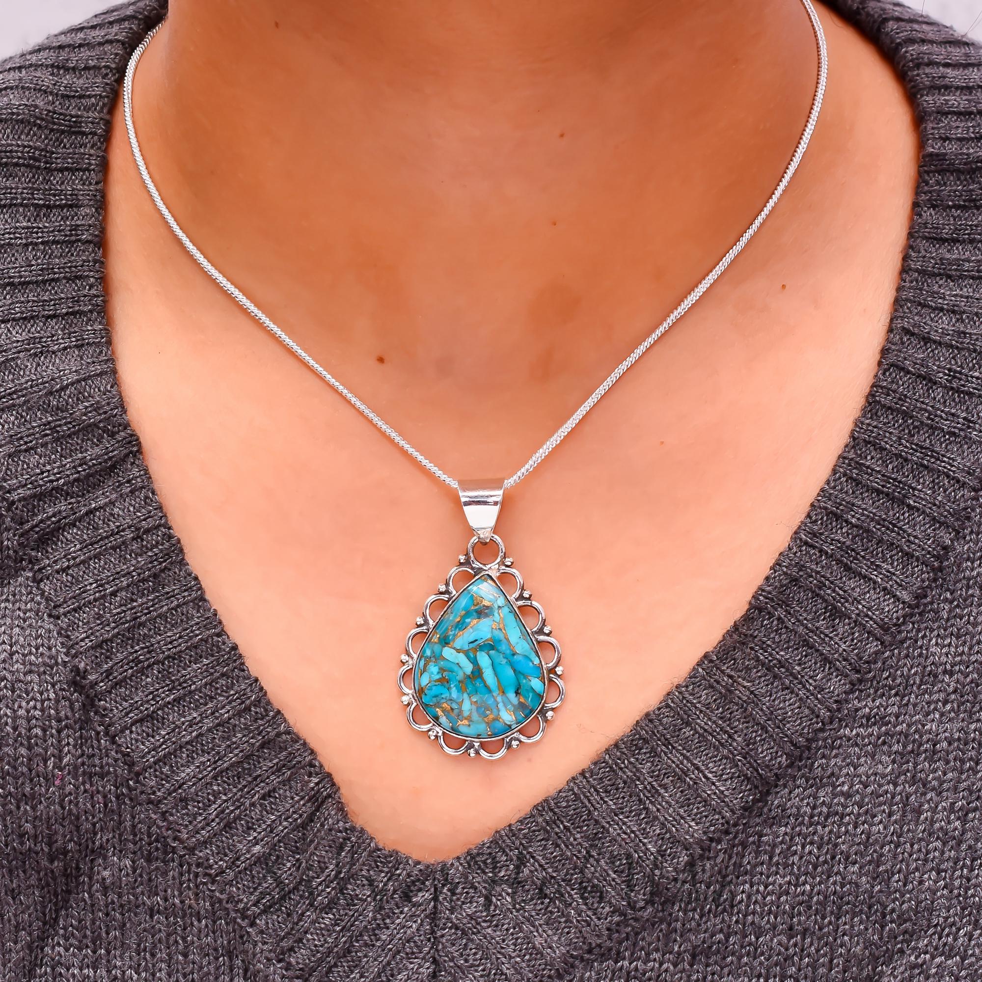 Blue Copper Turquoise Pendant: Handmade 925 Sterling Silver