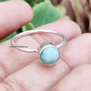 Larimar Ring 925 Sterling Silver Natural Blue Stone Ring Boho Wedding Ring Handmade Gift for Her Dainty Silver Ring for Women