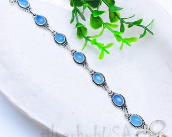 Handmade Blue Chalcedony Sterling Silver Bracelet, Antique Gemstone Dainty Jewelry