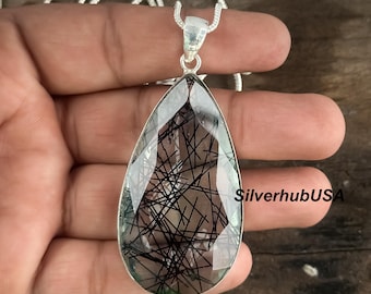 Black Rutile Quartz Pendant: 925 Sterling Silver Boho Necklace