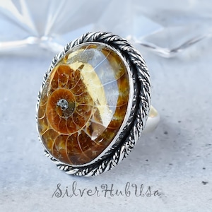 Ammonite Fossil Ring Natural Gemstone Jewelry Handmade Boho Statement Ring Unique Gift For Women Adjustable Sterling Silver Ring for Gifts