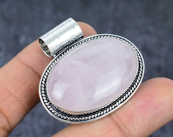 Rose Quartz 925 Sterling Silver Pendant - Handmade Boho Jewelry