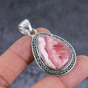 Pingente feito à mão com pedra preciosa de rodocrosita rosa, pingente de prata esterlina 925, pingente de prata com rodocrosita, pingente de rodocrosita para mãe