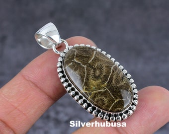 Colgante de coral fósil en plata de ley - Collar con piedras preciosas