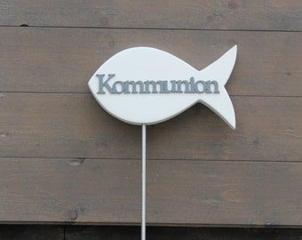 Fisch auf Edelstahlstab mit Schriftzug (ca. 26 cm lang und 43 cm oder 55 cm hoch)