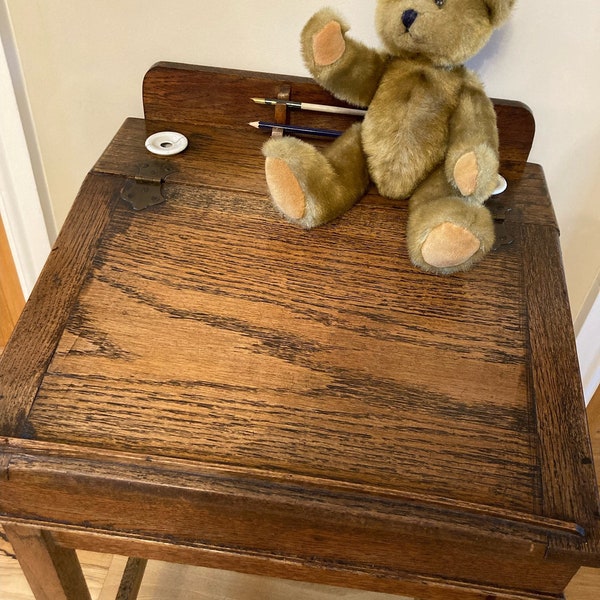 Antique Child’s Desk, Torrs Toys, Antique Furniture UK, Christmas Gift, Oak, Inkwell, School,